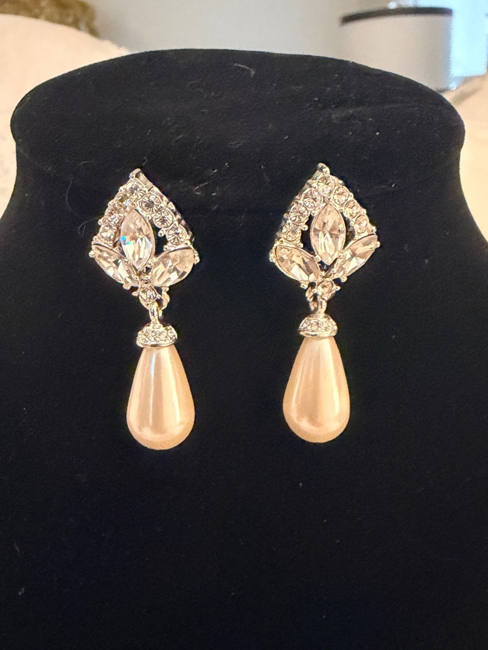 Vintage Marquise Crystal & Tear Drop Pearl Bridal Dangle Earrings , Wedding